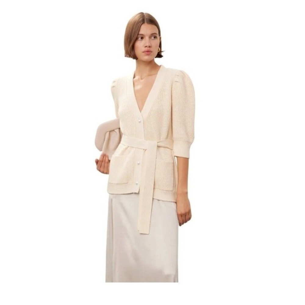 Adam‎ Lippes x RTR Tie Waist Cardigan Sweater Ivory Wool-Blend Ribbed Knit XS